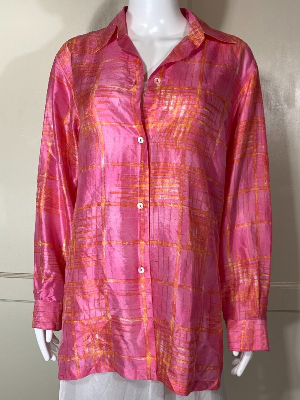VINTAGE MAX MARA 100% Silk Plaid Tunic Blouse Button Pink Orange Sheen 8 ($355)